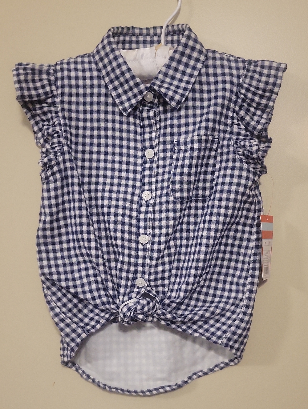 Cat & Jack Navy and White Gingham Button-Up Tie-Front Top